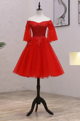 Champagne Prom Dress, Red Sweetheart Tulle with Lace and Beaded Homecoming Dress, Red Party Dress