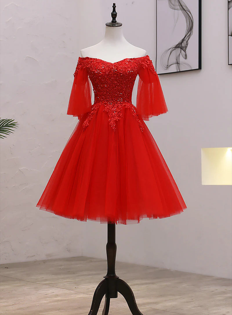 Red Gown, Red Sweetheart Tulle with Lace and Beaded Homecoming Dress, Red Party Dress