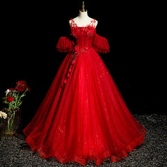 Formal Dresses Cocktail, Red Tulle Ball Gown Off Shoulder Sweet 16 Formal Dresses, Red Evening Gown Party Dress