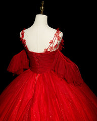 Formal Dress For Wedding Party, Red Tulle Ball Gown Off Shoulder Sweet 16 Formal Dresses, Red Evening Gown Party Dress