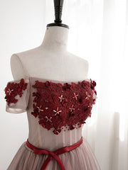 Prom Dresses Corset, Red Tulle Beaded and Lace Short Party Dresses, Off Shoulder Prom Dresses