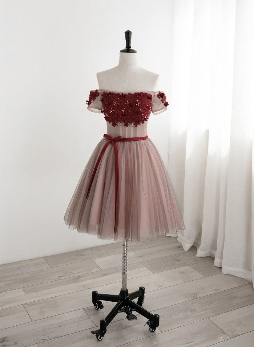 Prom Dress Dresses, Red Tulle Beaded and Lace Short Party Dresses, Off Shoulder Prom Dresses