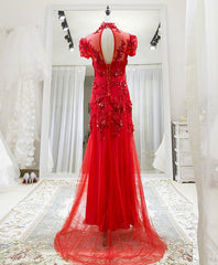 Prom Dresses 2033 Cheap, Red Tulle Lace Long Prom Dress, Red Lace Tulle Formal Dress