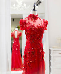 Prom Dresses Ballgown, Red Tulle Lace Long Prom Dress, Red Lace Tulle Formal Dress