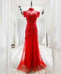 Prom Dresses Blush, Red Tulle Lace Long Prom Dress, Red Lace Tulle Formal Dress