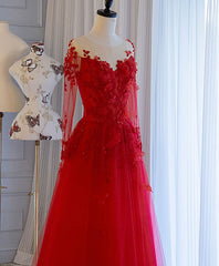 Prom Dress For Girl, Red Tulle Lace Off Shoulder Long Prom Dress Red Lace Evening Dress