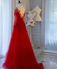 Prom Dresses For Girls, Red Tulle Lace Off Shoulder Long Prom Dress Red Lace Evening Dress