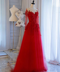 Prom Dresses For Short Girl, Red Tulle Lace Off Shoulder Long Prom Dress Red Lace Evening Dress