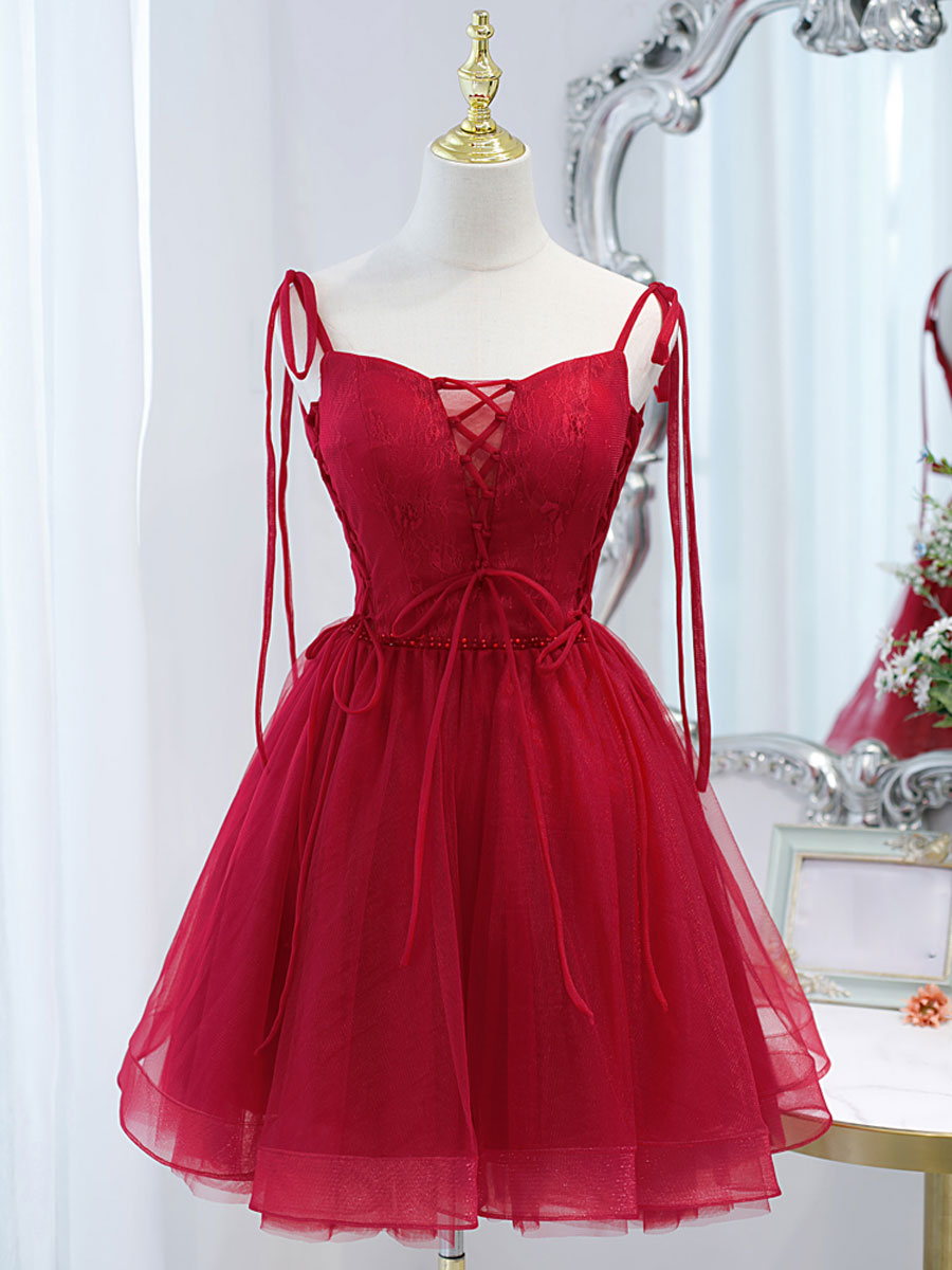 Bridesmaid Dress Dusty Blue, Red Tulle Lace Short Prom Dress Red Lace Puffy Homecoming Dress