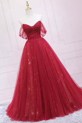 Prom Dress With Pocket, Red Tulle Long A-Line Prom Dress, Off the Shoulder Formal Evening Dress