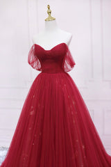 Prom Dresses With Pockets, Red Tulle Long A-Line Prom Dress, Off the Shoulder Formal Evening Dress