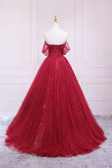 Prom Dresses Long Blue, Red Tulle Long A-Line Prom Dress, Off the Shoulder Formal Evening Dress