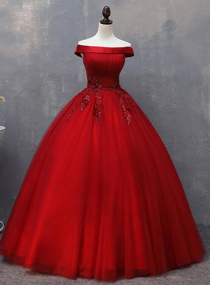 Evening Dresses Australia, Red Tulle Long Off the Shoulder Sweet 16 Dress, Red Party Gown