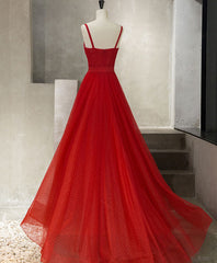 Prom Dress Shiny, Red Tulle Long Prom Dress, Red Tulle Evening Dress