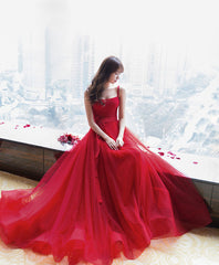 Prom Dress Mermaid, Red Tulle Long Prom Dress, Red Tulle Evening Dress