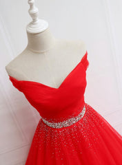 Prom Dresses Red, Red Tulle Off Shoulder Long Formal Gown , Red Sweet 16 Dresses