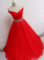 Prom Dress Sales, Red Tulle Off Shoulder Long Formal Gown , Red Sweet 16 Dresses