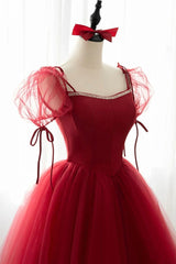 Prom Dresses 2032 Cheap, Red Tulle Short Sleeve Prom Dress, A-Line Floor Length Evening Graduation Dress