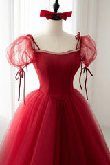 Prom Dresses Pattern, Red Tulle Short Sleeve Prom Dress, A-Line Floor Length Evening Graduation Dress