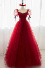 Prom Dresses For Teens Long, Red Tulle Short Sleeve Prom Dress, A-Line Floor Length Evening Graduation Dress