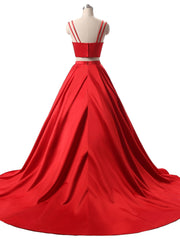 Homecoming Dresses Cute, Red Two Pieces Satin Long Prom Dress, Red Satin Formal Evening Dress