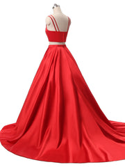 Homecoming Dress Cute, Red Two Pieces Satin Long Prom Dress, Red Satin Formal Evening Dress