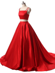 Homecoming Dress Inspo, Red Two Pieces Satin Long Prom Dress, Red Satin Formal Evening Dress