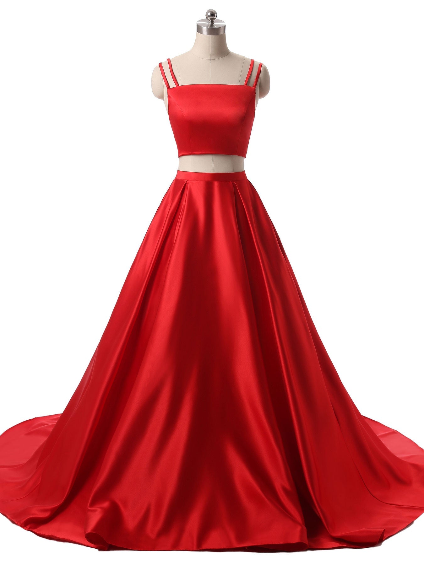 Homecomming Dresses Cute, Red Two Pieces Satin Long Prom Dress, Red Satin Formal Evening Dress