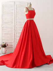 Prom Inspo, Red Two Pieces Satin Long Prom Dress Simple Red Evening Dress