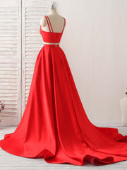 Debutant Dress, Red Two Pieces Satin Long Prom Dress Simple Red Evening Dress