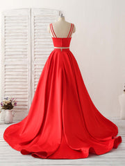 Royal Dress, Red Two Pieces Satin Long Prom Dress Simple Red Evening Dress