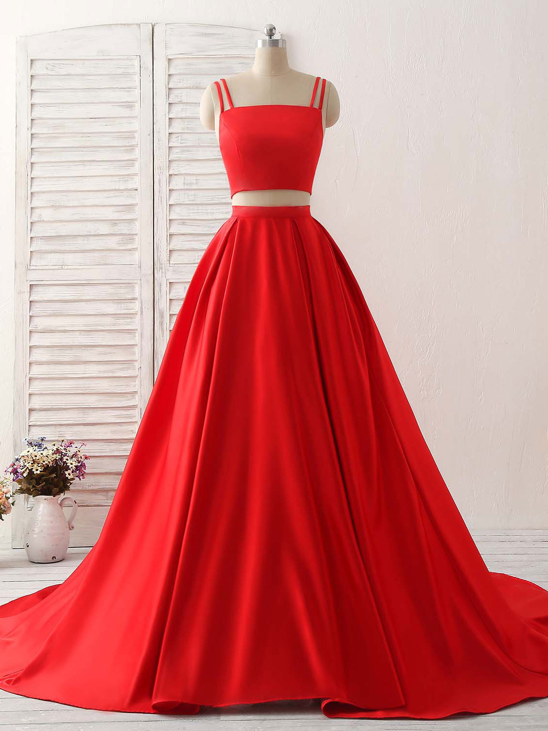 Cocktail Dress Prom, Red Two Pieces Satin Long Prom Dress Simple Red Evening Dress