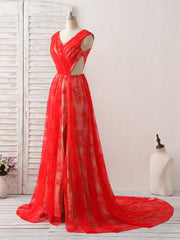 Formal Dresses Shops, Red V Neck Lace Long Prom Dress, Lace Evening Dress