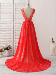 Formal Dress Shop, Red V Neck Lace Long Prom Dress, Lace Evening Dress