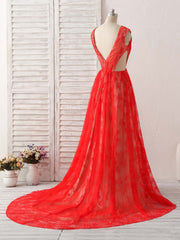 Formal Dress Shops, Red V Neck Lace Long Prom Dress, Lace Evening Dress