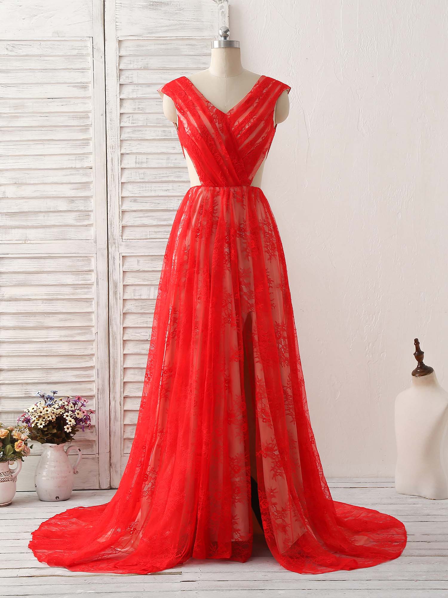 Formal Dress On Sale, Red V Neck Lace Long Prom Dress, Lace Evening Dress