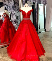 Beauty Dress Design, Red v neck tulle lace long prom dress, red tulle evening dress