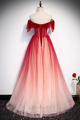 Party Dress Code Idea, Red Off the Shoulder Long Tulle Prom Dress with Beading, Party Gown with Sequins