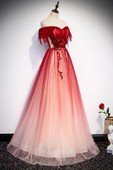 Go Out Outfit, Red Off the Shoulder Long Tulle Prom Dress with Beading, Party Gown with Sequins