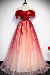 Party Dress Code Ideas, Red Off the Shoulder Long Tulle Prom Dress with Beading, Party Gown with Sequins