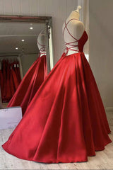 Party Dress Short Tight, Red Satin Spaghetti Straps Long Prom Dress, Puffy Princess Formal Gown