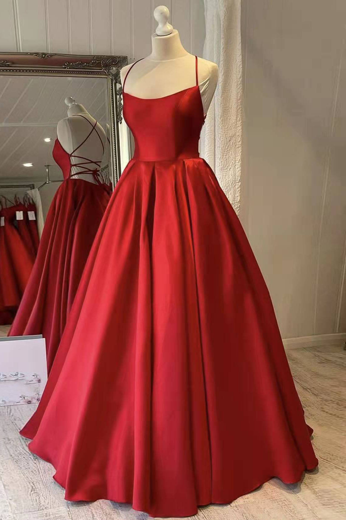 Dinner Outfit, Red Satin Spaghetti Straps Long Prom Dress, Puffy Princess Formal Gown