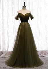 Prom Dresses Long Sleeve, Green Tulle Long A-Line Prom Dresses, Off the Shoulder Evening Dresses