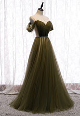 Prom Dress Floral, Green Tulle Long A-Line Prom Dresses, Off the Shoulder Evening Dresses