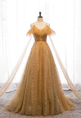 Prom Dresses Long Sleeves, Gold V-Neck Tulle Long Prom Dresses, A-Line Evening Dresses