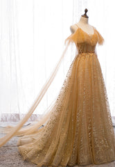 Prom Dress Online, Gold V-Neck Tulle Long Prom Dresses, A-Line Evening Dresses