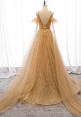 Prom Dresses Floral, Gold V-Neck Tulle Long Prom Dresses, A-Line Evening Dresses