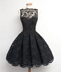 Gold Dress, Retro A-line Black Lace Sleeveless Open Back Short Prom Dresses, Homecoming Dresses