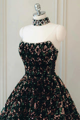 Party Dress Patterns, A Line Sparkly Sequin Long Prom Dress, Gorgeous Strapless Long Evening Dress