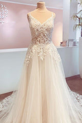 Wedding Dresses With Color, Romantic Long A-Line Spaghetti Straps Appliques Lace Backless Wedding Dress